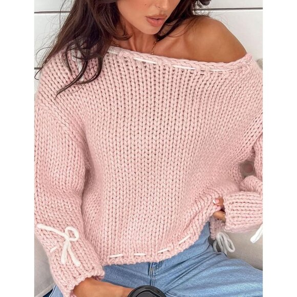 Womens Y2K Pullover Sweater Knit Loose Fit Bow Lace Up Going Out Top - Picture 2 of 6